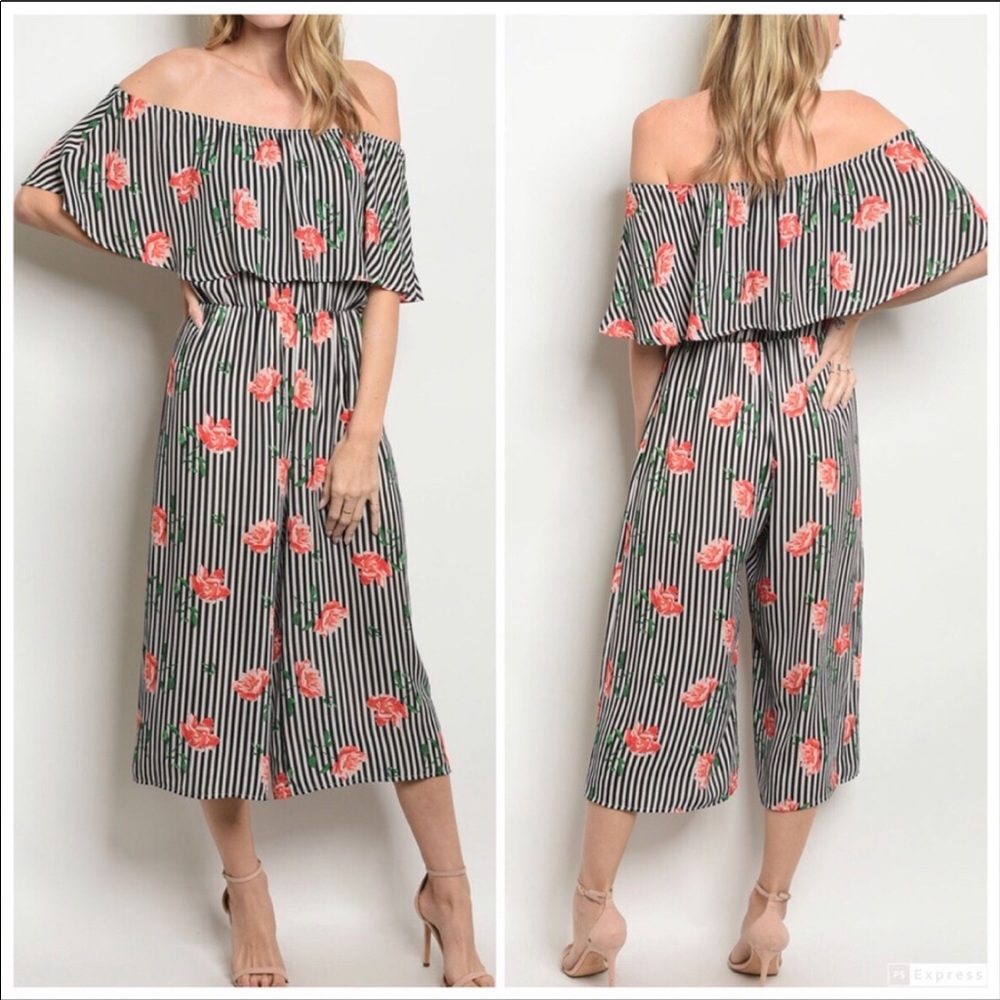 CLEARANCE ‼️BLACK WHITE STRIP FLORAL - Jumpsuit